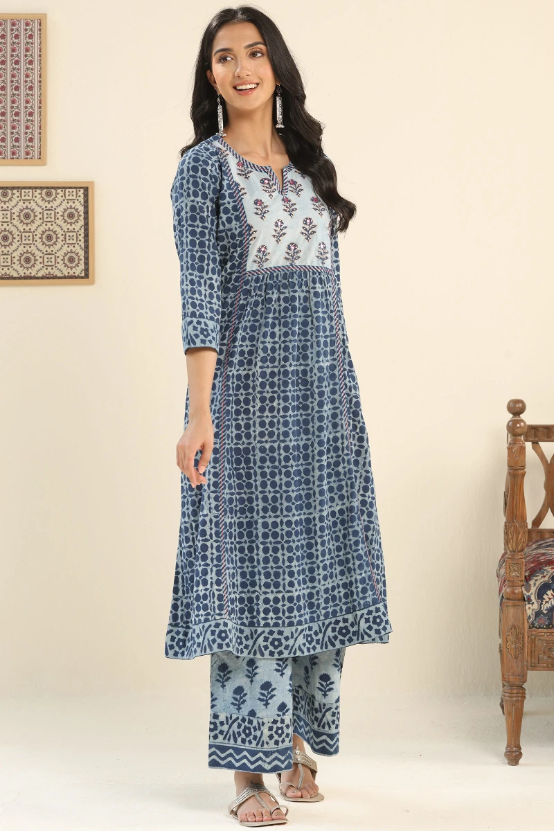 Indigo Hand Block Printed Cotton A-Line Kurta