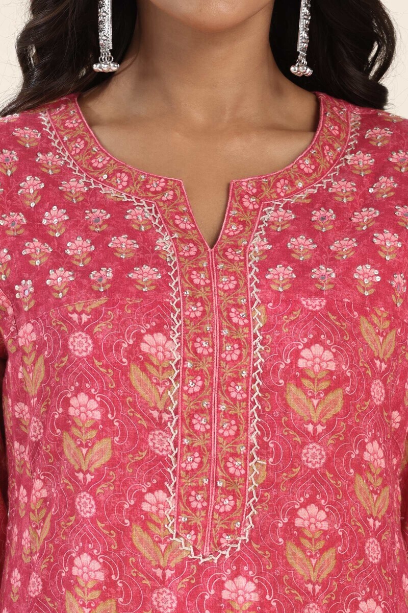 Pink Printed A-Line Cotton Slub Kurta