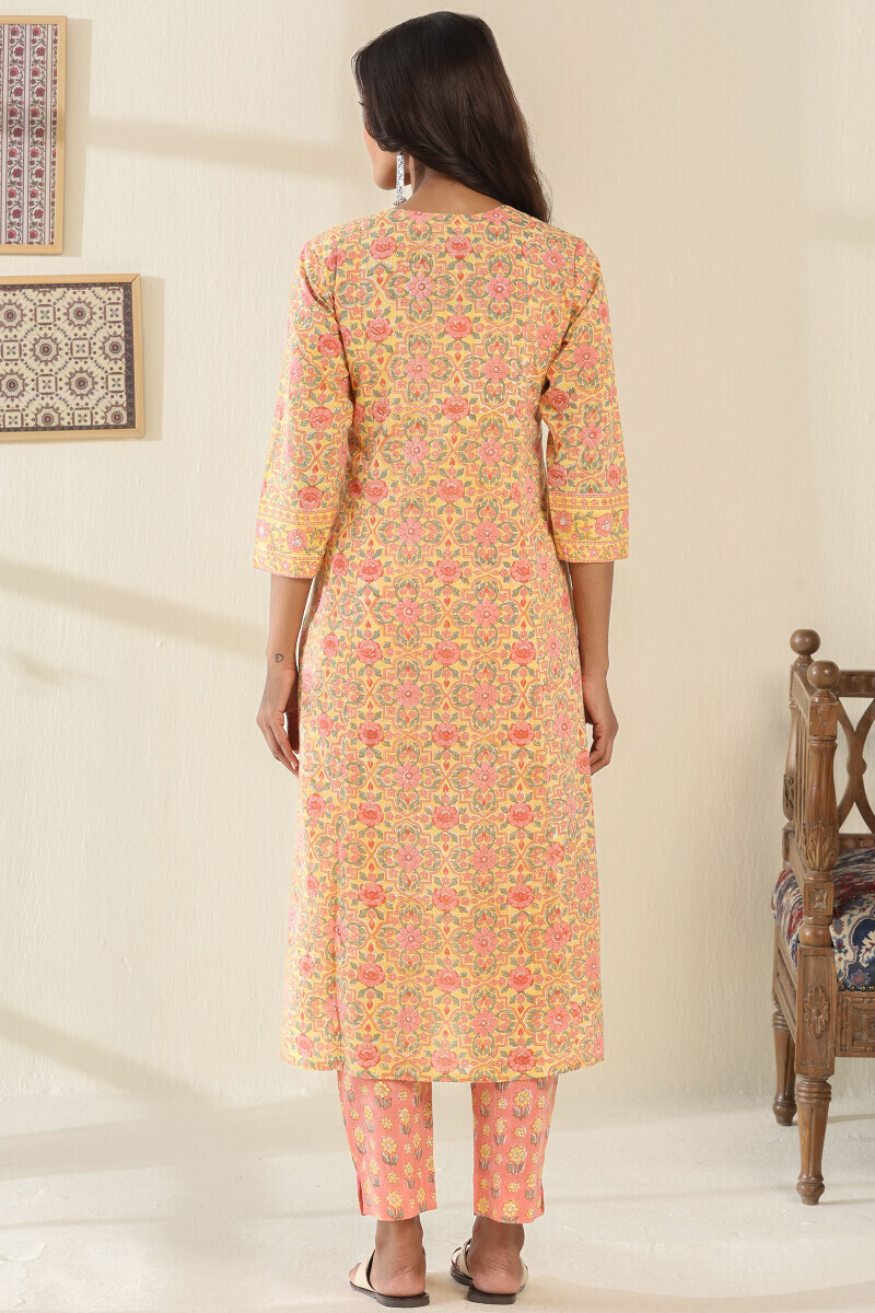 Yellow Hand Block Printed A-Line Cotton Slub Kurta