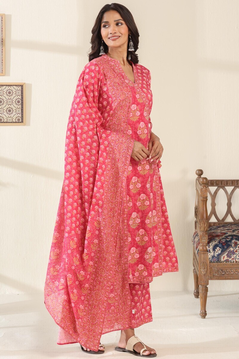 Pink Printed Angrakha Cotton Slub Kurta