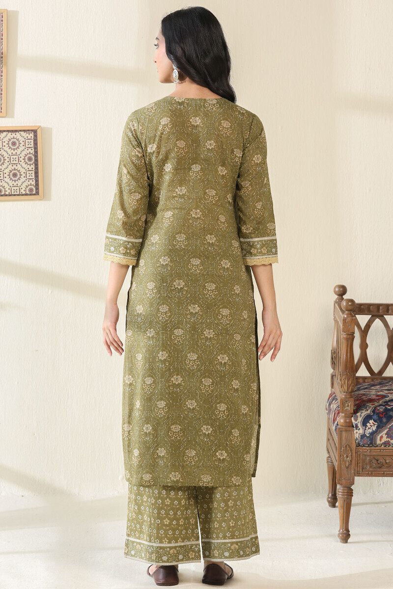 Green Hand Block Printed Straight Cotton Kurta