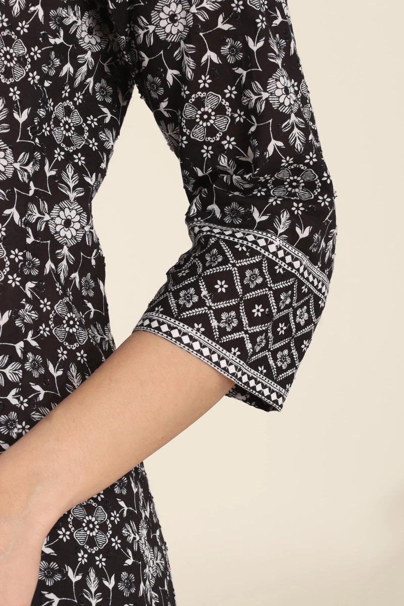 Black Hand Printed Anarkali Cotton Dobby Kurta