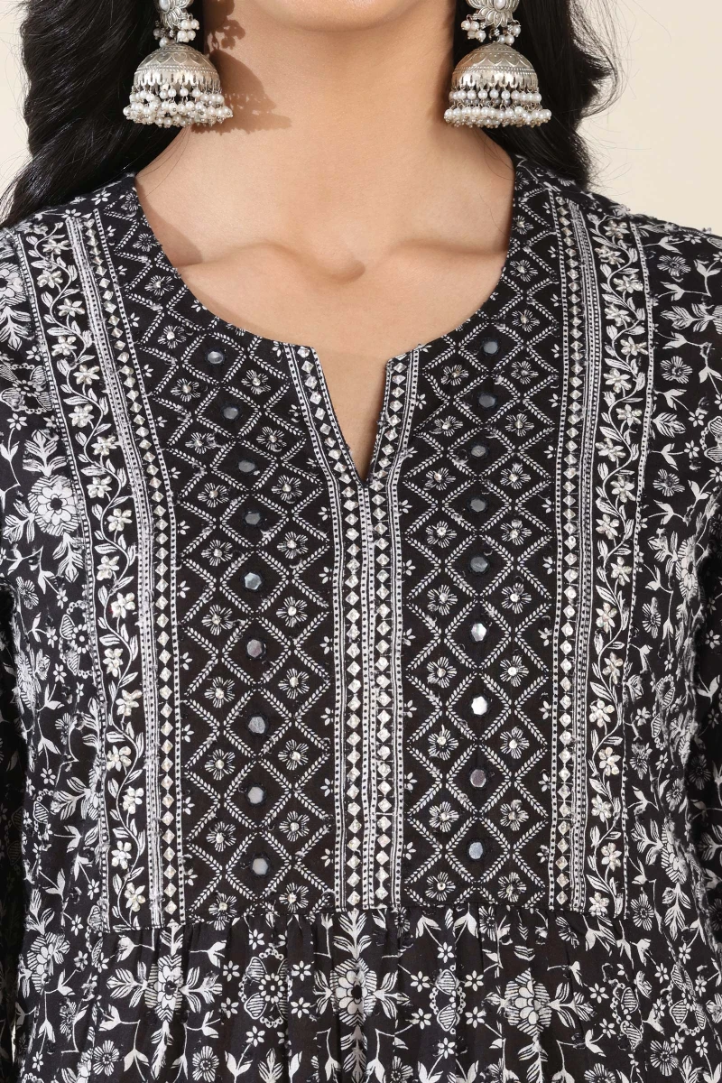 Black Hand Printed A-Line Cotton Dobby Kurta
