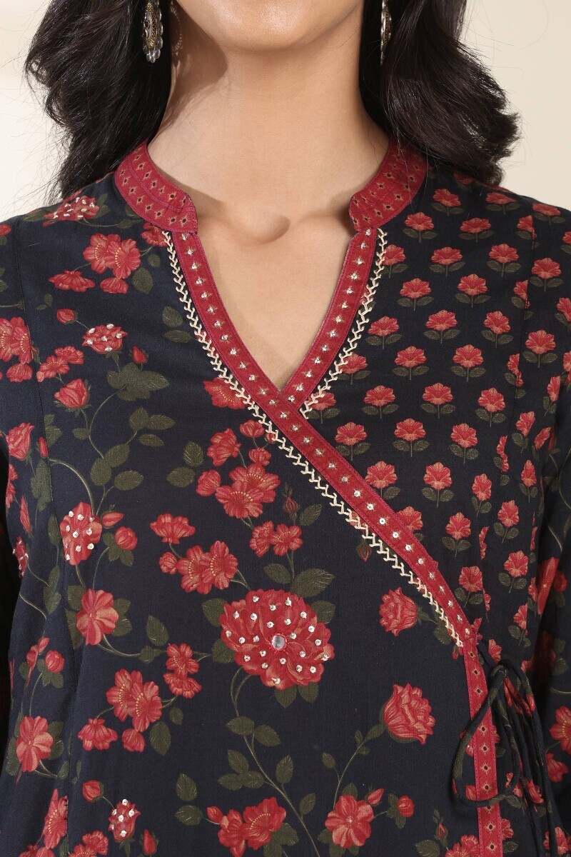 Black Printed Cotton Angrakha Kurta