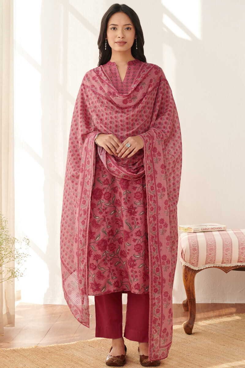 Pink Printed Straight Cotton Kurta