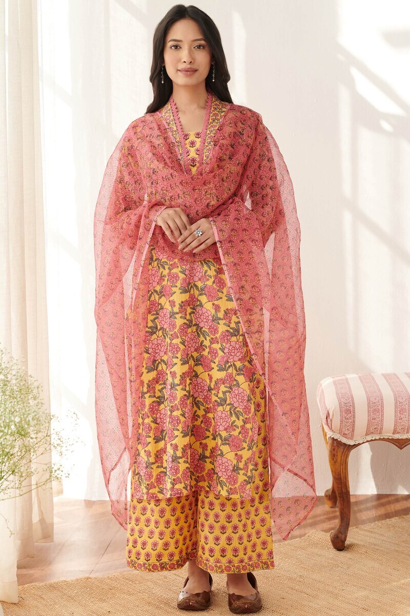 Yellow Hand Printed Straight Cotton Dobby Kurta