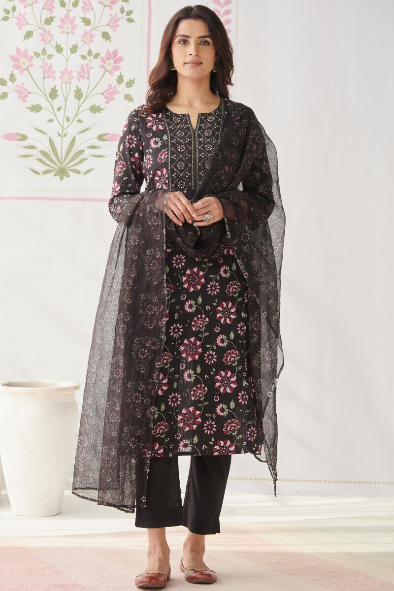 Black Hand Printed Kota Dupatta