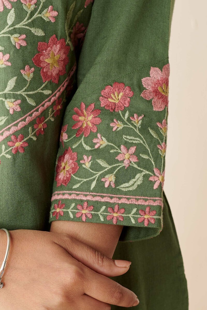 Green Handcrafted Straight Cotton Flax Kurta