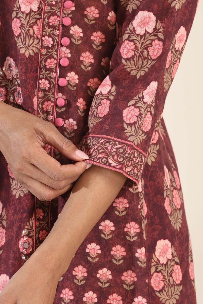 Brown Printed Angrakha Cotton Slub Kurta