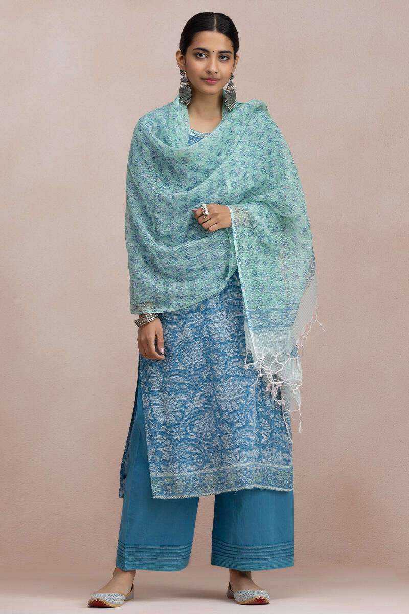 Green Block Printed Kota Dupatta