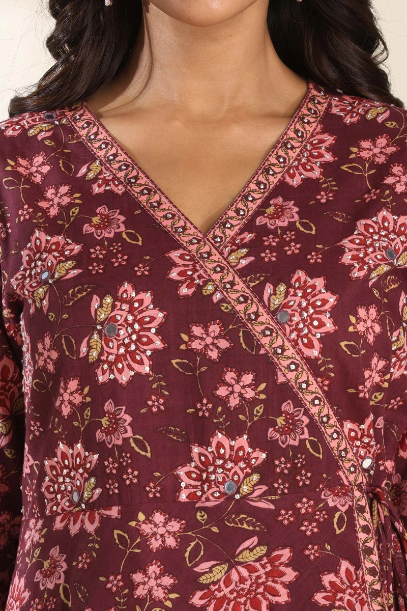 Purple Hand Printed Angrakha Cotton Slub Kurta