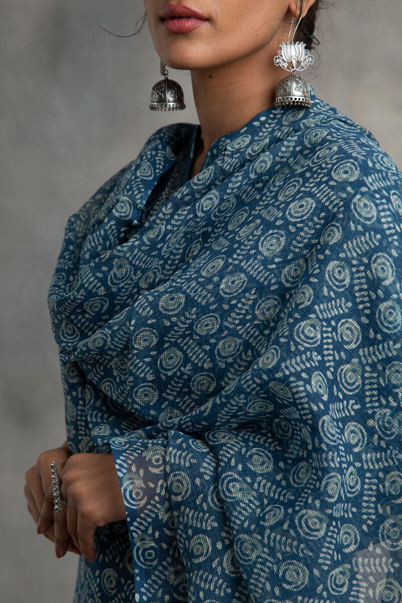 Blue Block Printed Kota Dupatta