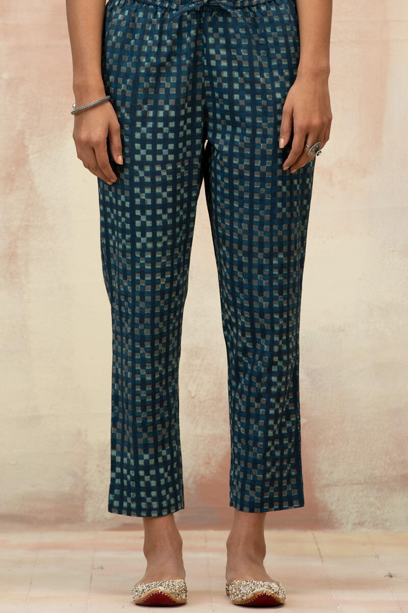 Indigo Block Printed Cotton Narrow Pants