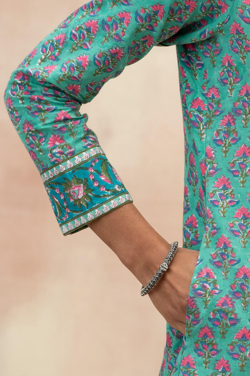 Green Block Printed Straight Cotton Kurta
