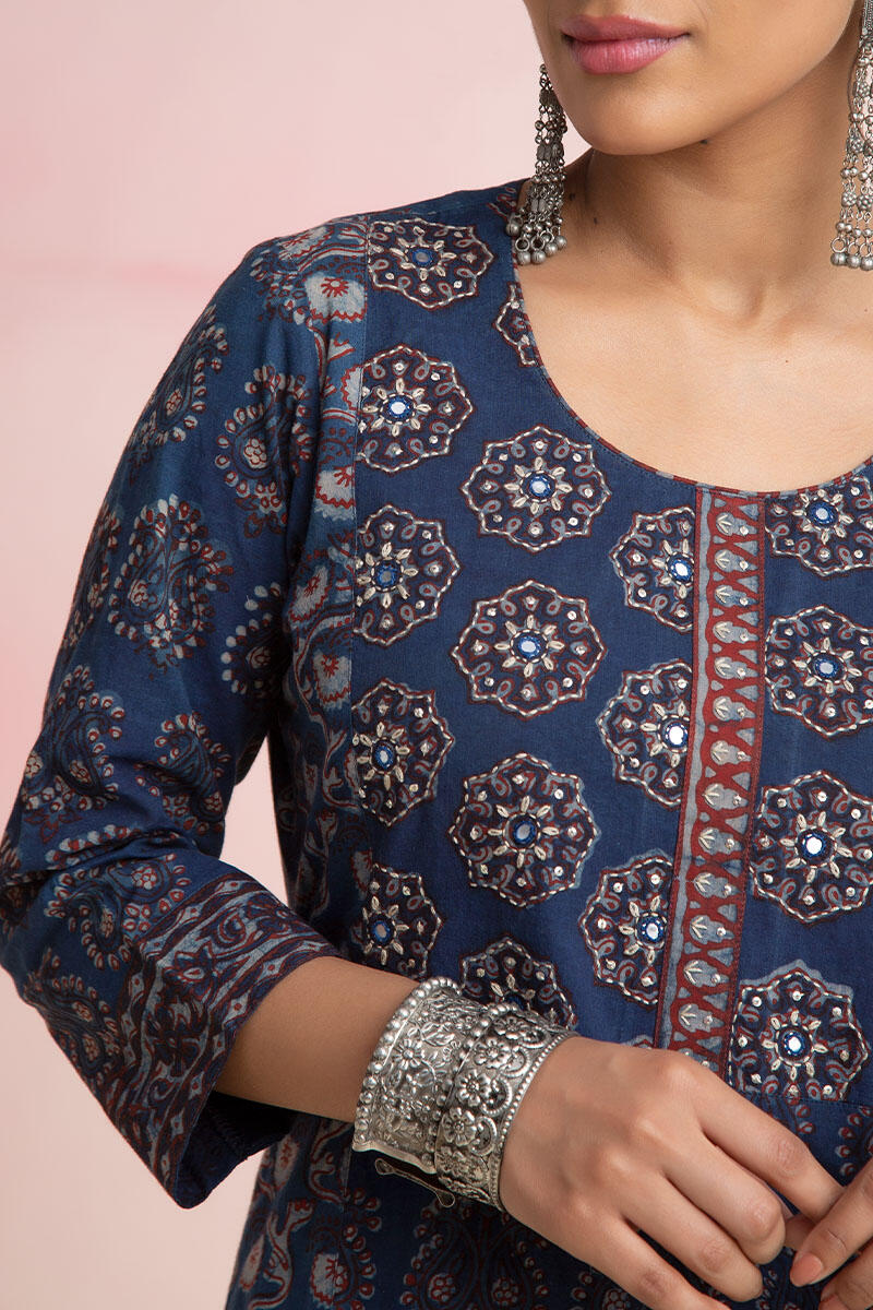Indigo Block Printed Straight Cotton Kurta