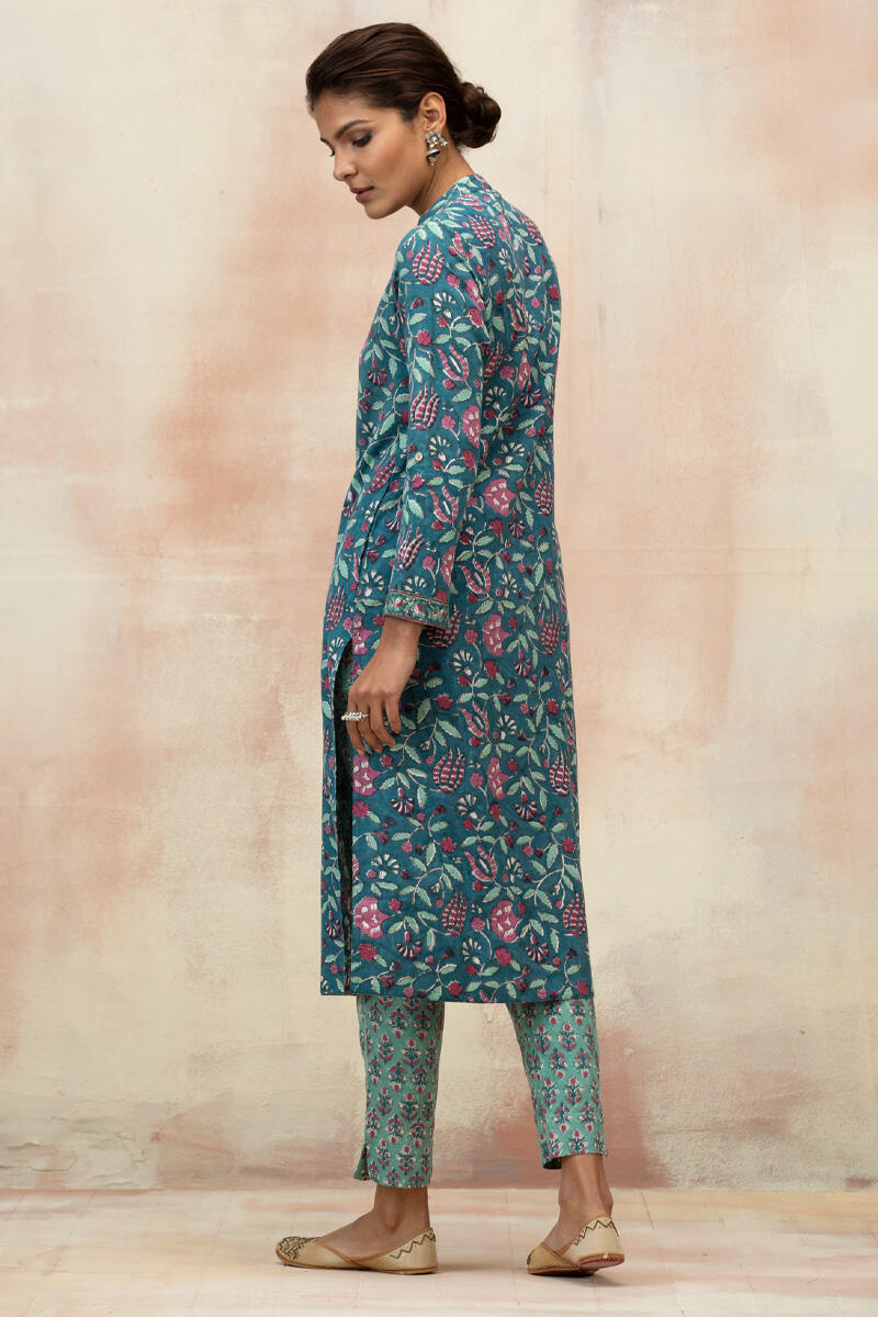 Turquoise Block Printed Straight Cotton Kurta
