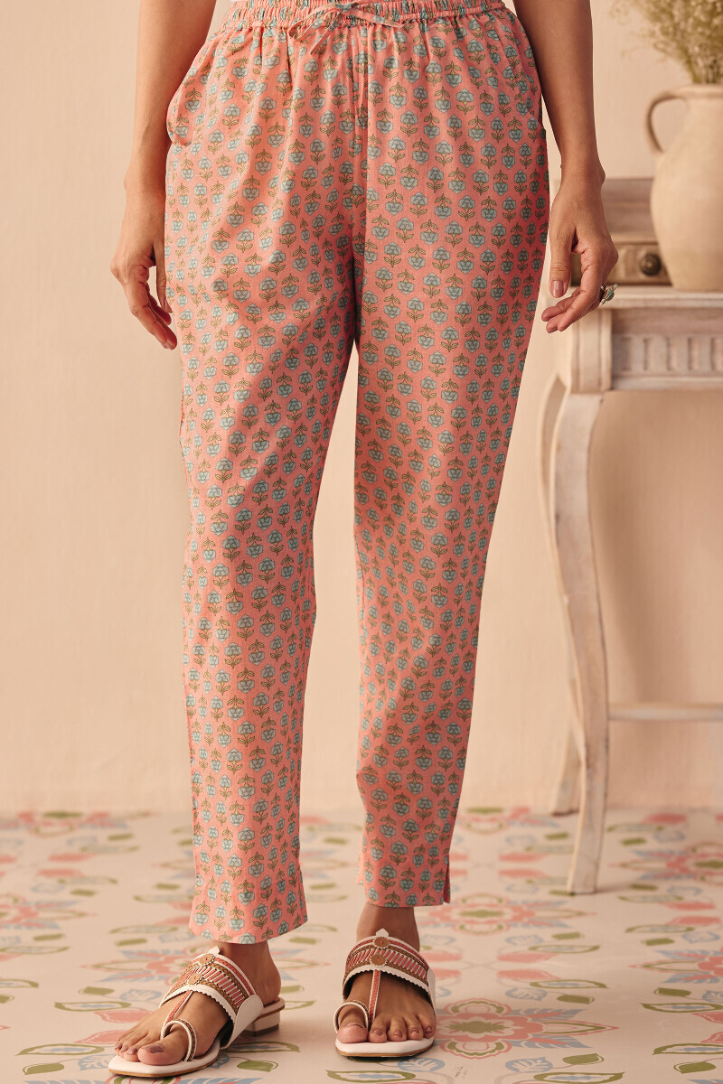 Pink Printed Cotton Narrow Pants