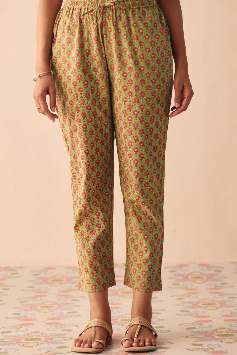 Green Hand Printed Cotton Slub Narrow Pants