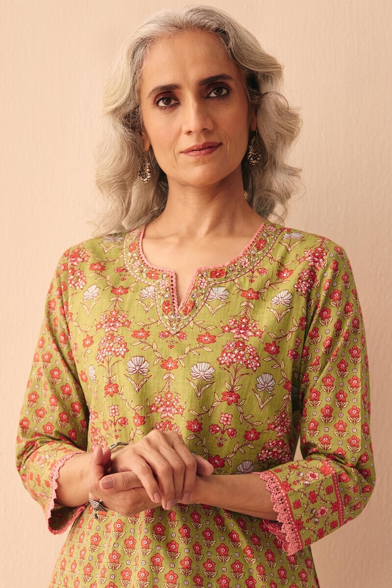 Green Hand Printed Straight Cotton Slub Kurta