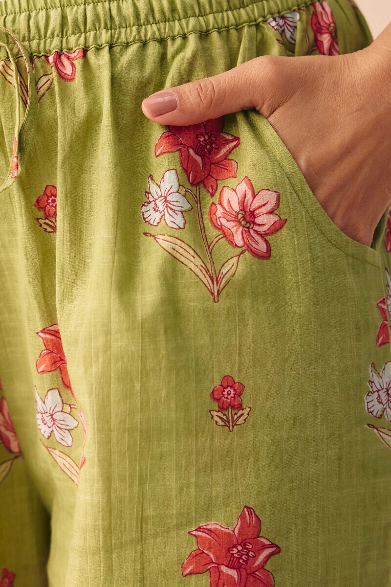 Green Hand Printed Cotton Slub Farsi