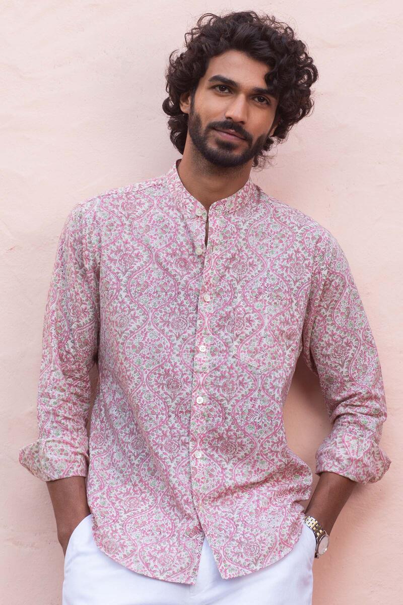 Peach Block Printed Cotton Shirt