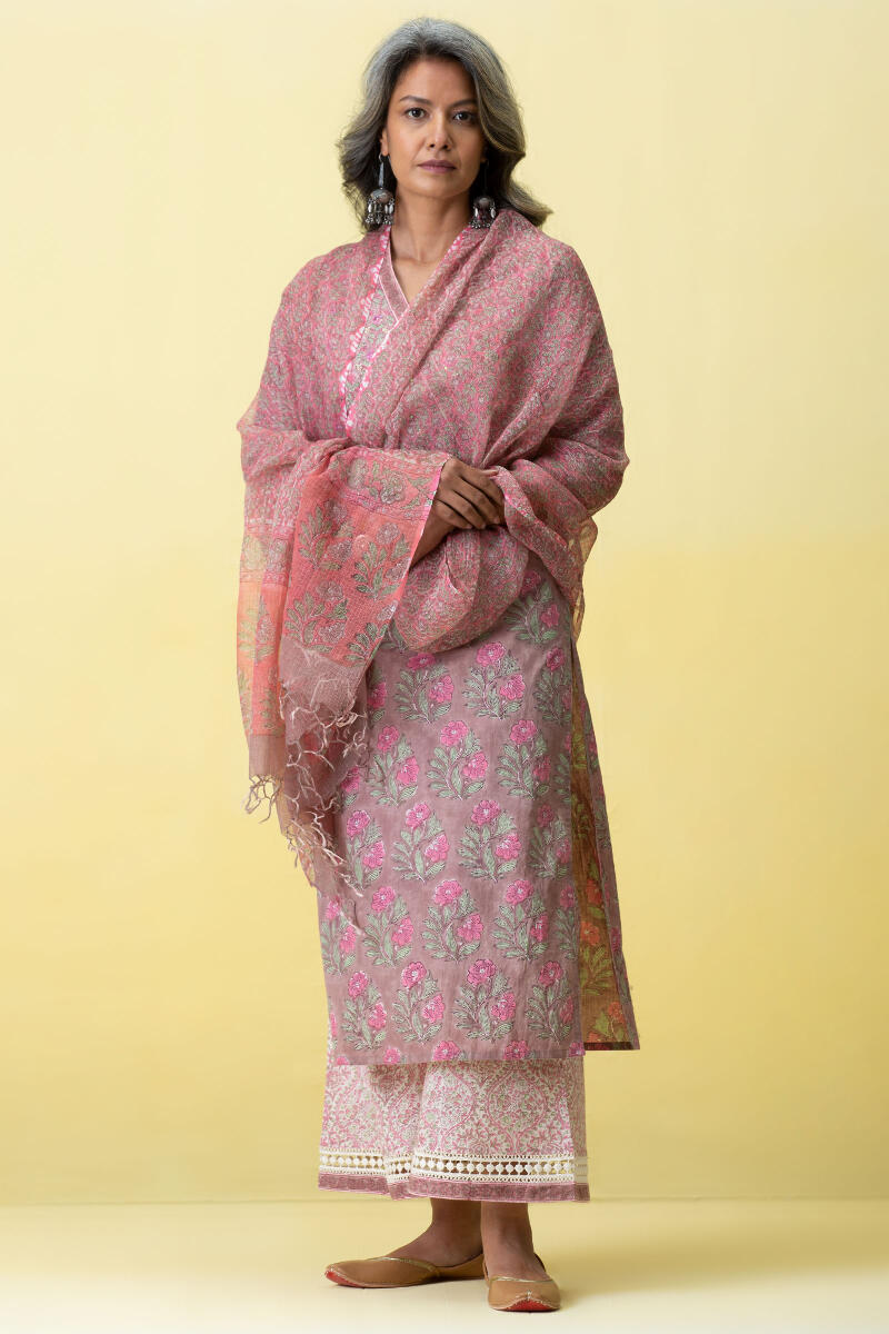 Pink Block Printed Kota Dupatta