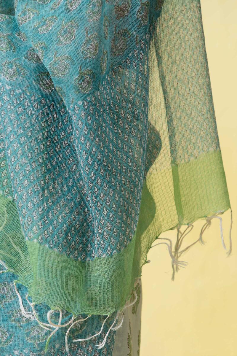 Blue Block Printed Kota Dupatta