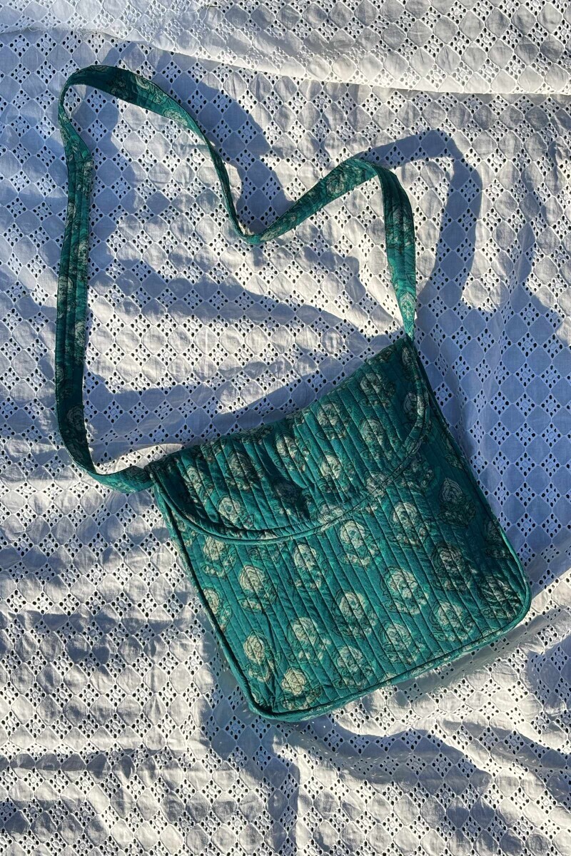 Teal Hand Block Printed Cotton Cross Body Bag