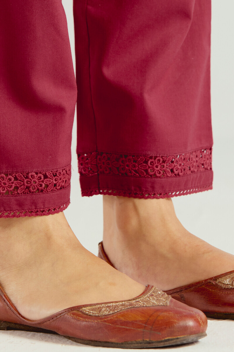 Red Handcrafted Cotton Narrow Pants