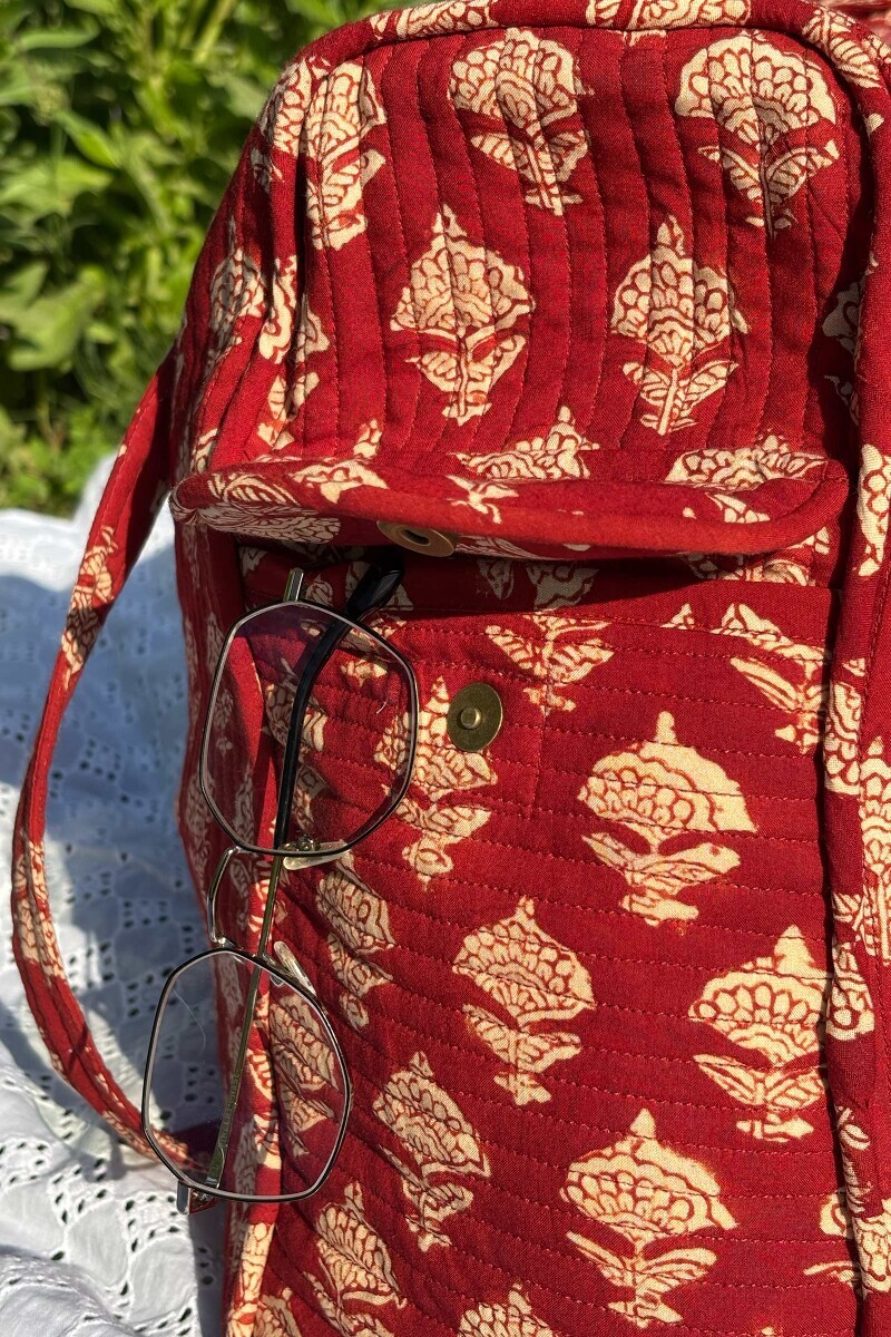 Red Hand Block Printed Viscose Holdall Bag
