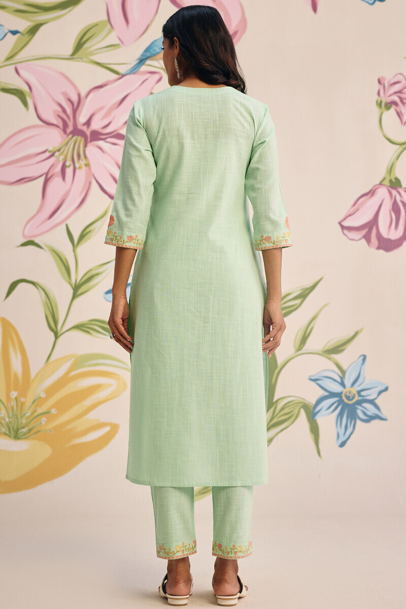 Green Handcrafted Straight Gauze Slub Kurta