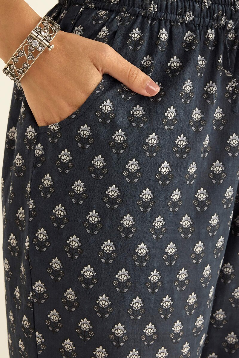 Grey Hand Printed Cotton Dobby Narrow Pants