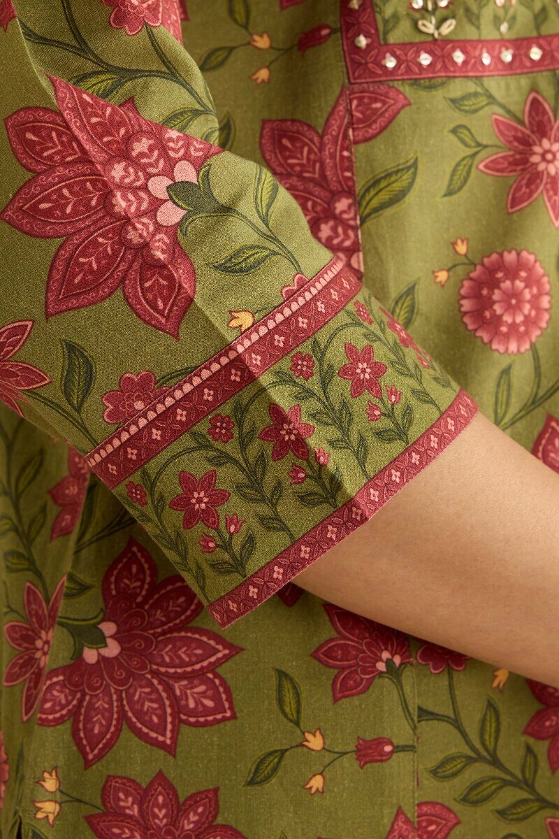 Green Printed Straight Cotton Kurta