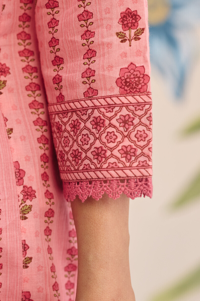 Pink Hand Printed Straight Cotton Kurta