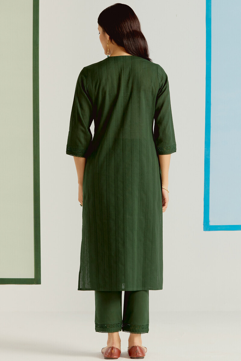 Green Handcrafted Straight Cotton Dobby Kurta