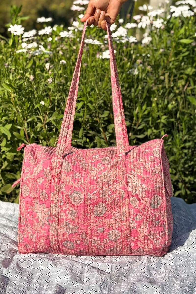 Pink Hand Block-Printed Cotton Duffel Bag