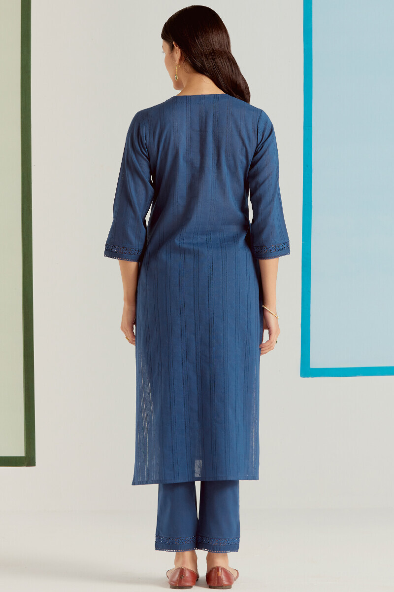 Blue Handcrafted Straight Cotton Dobby Kurta