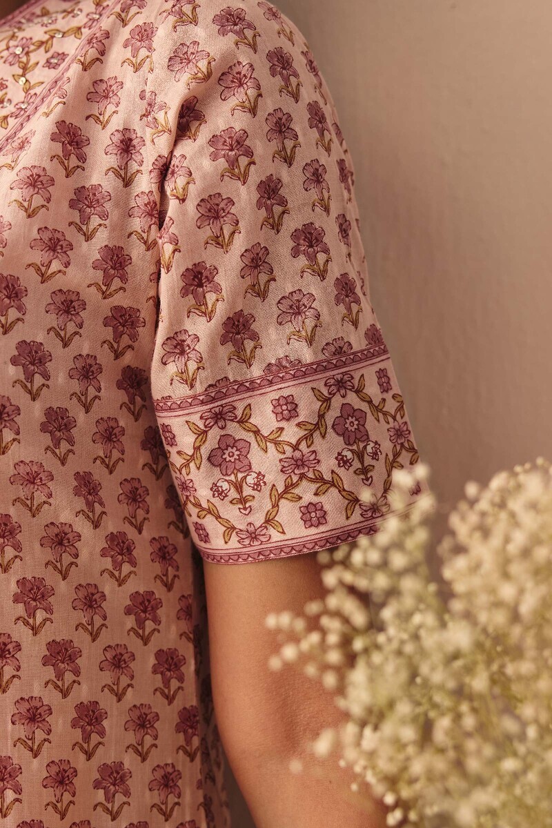 Pink Hand Printed Straight Cotton Dobby Kurta