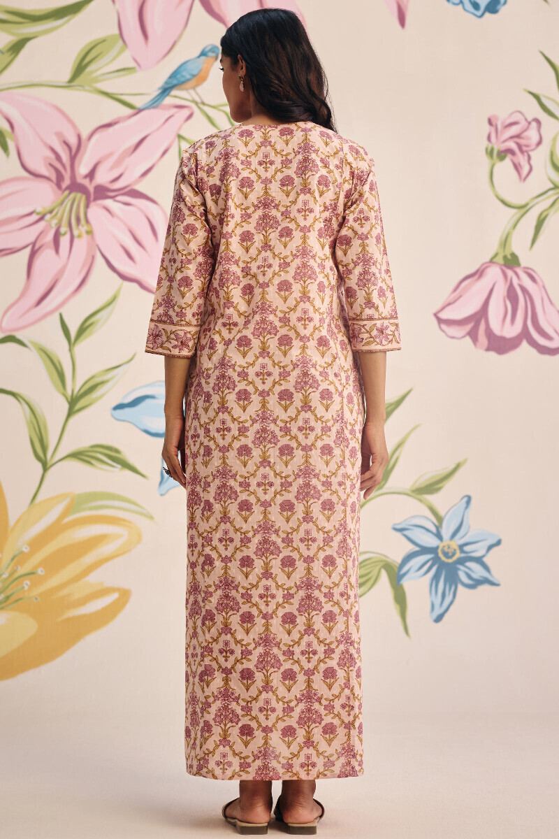 Pink Hand Printed Cotton Dobby Kaftan