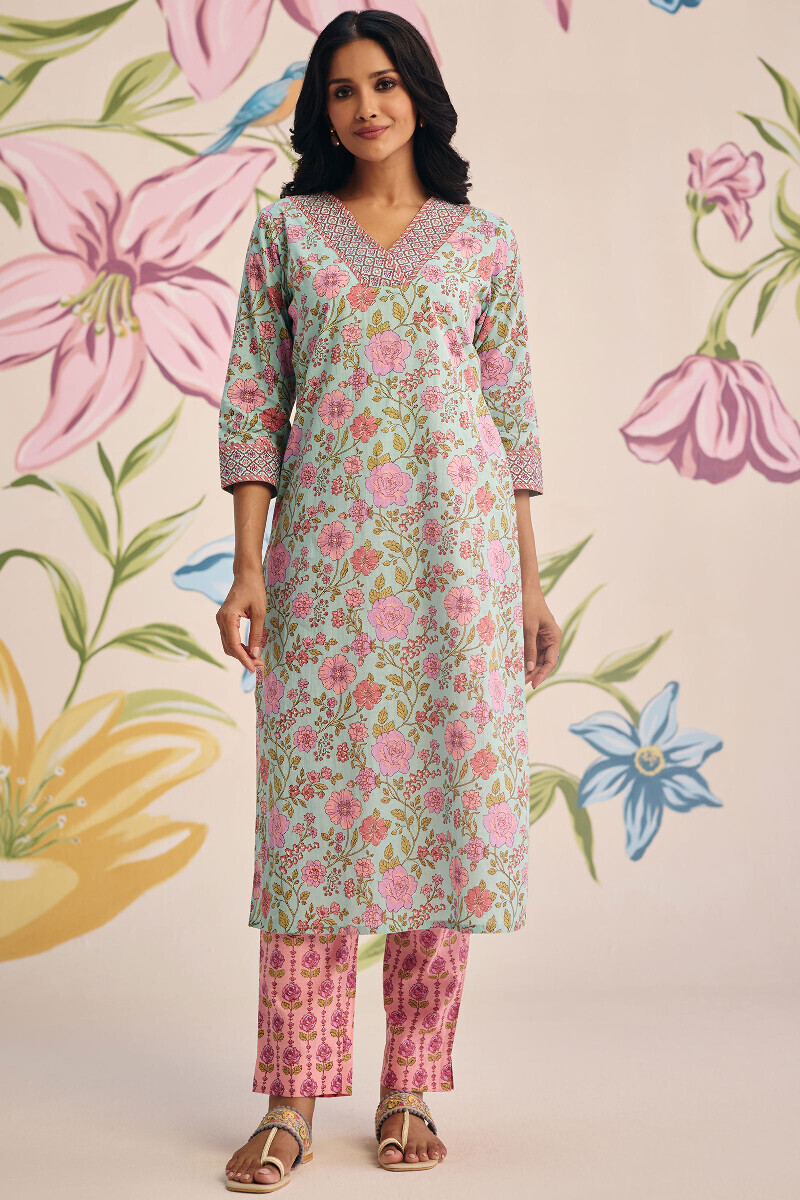 Blue Hand Printed Straight Cotton Kurta