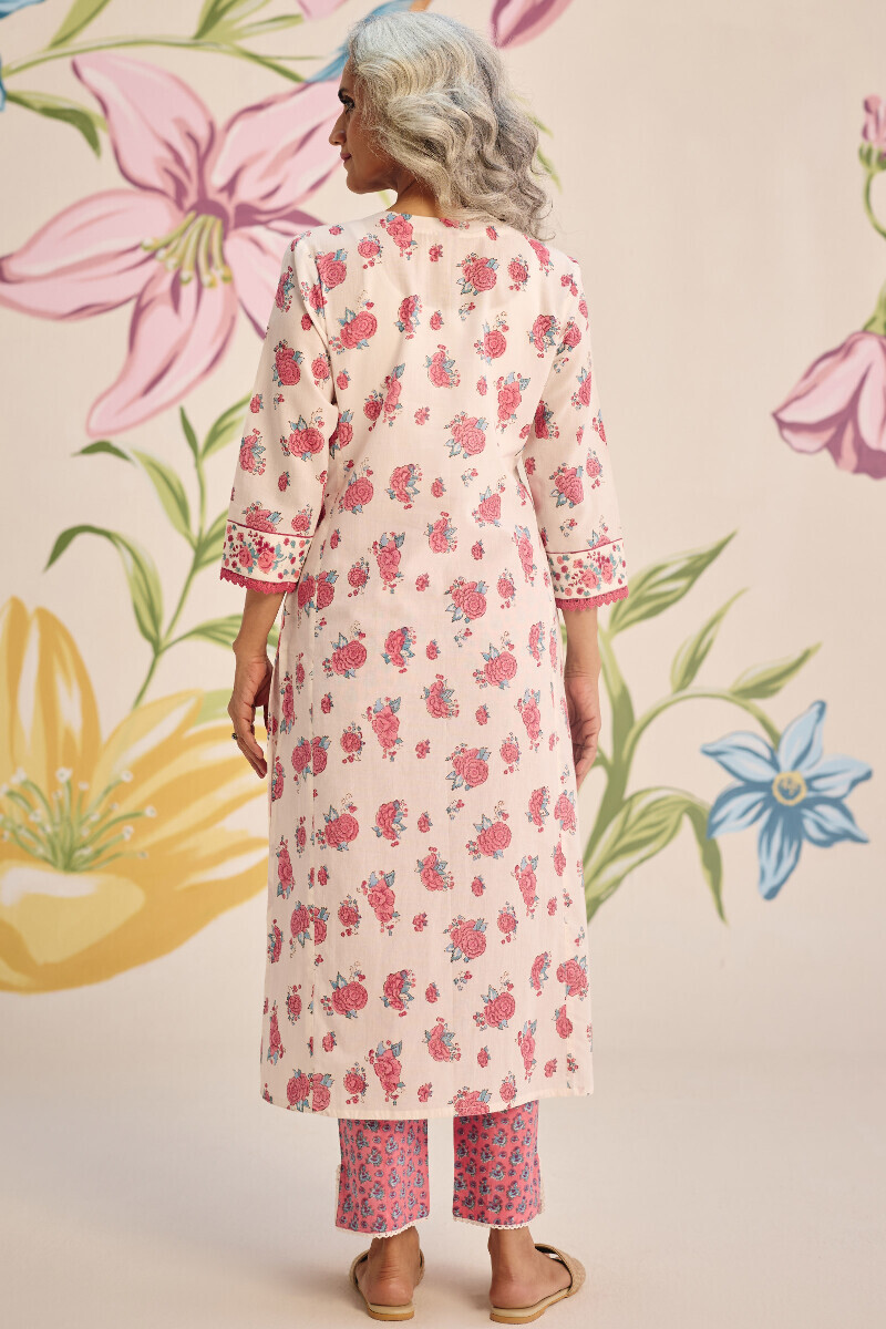White Hand Block Printed Straight Cotton Kurta