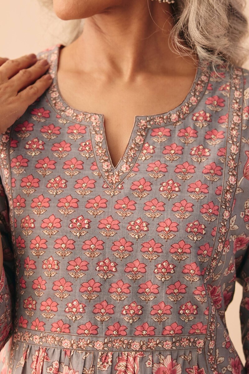 Grey Hand Printed A-Line Cotton Slub Kurta