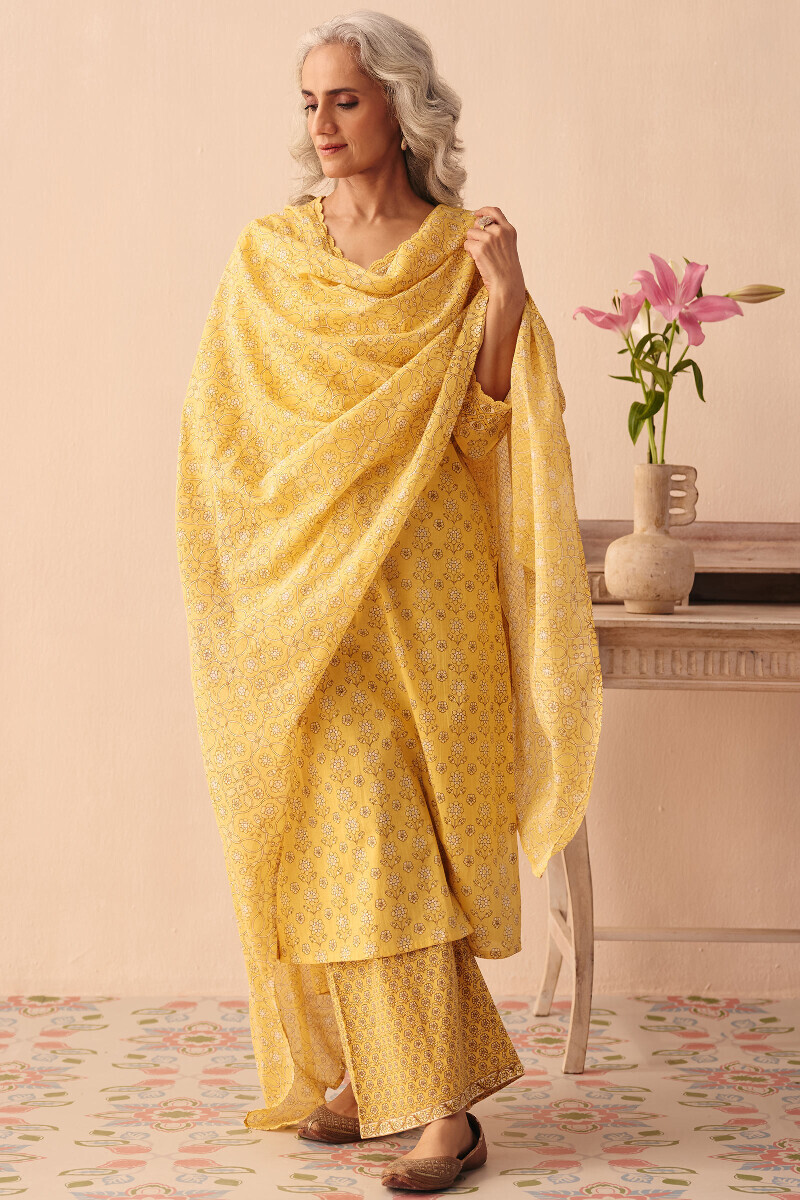 Yellow Hand Printed Straight Cotton Kurta