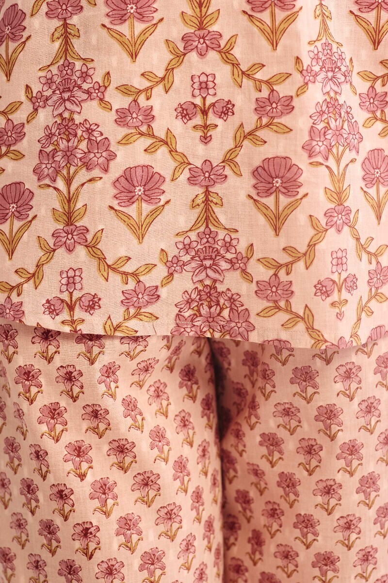 Pink Hand Printed Cotton Dobby Loungewear Set