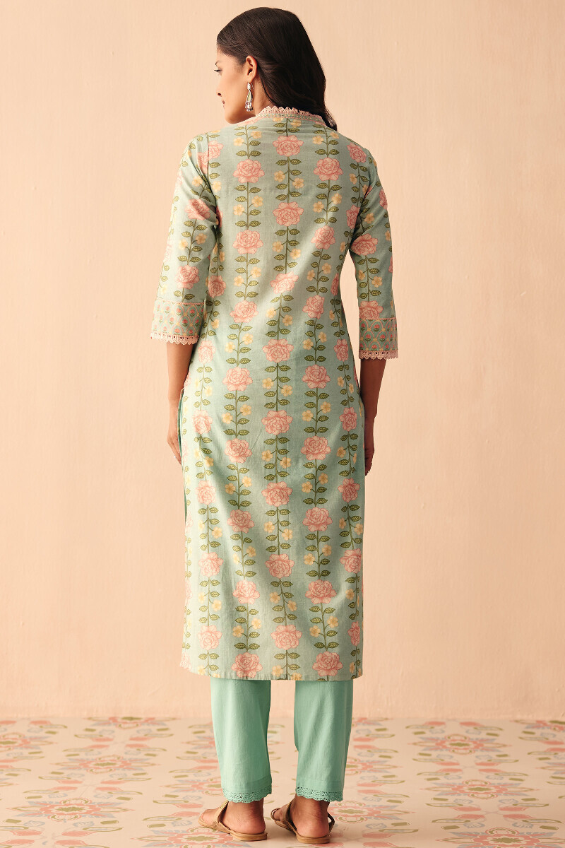 Blue Printed Straight Cotton Kurta