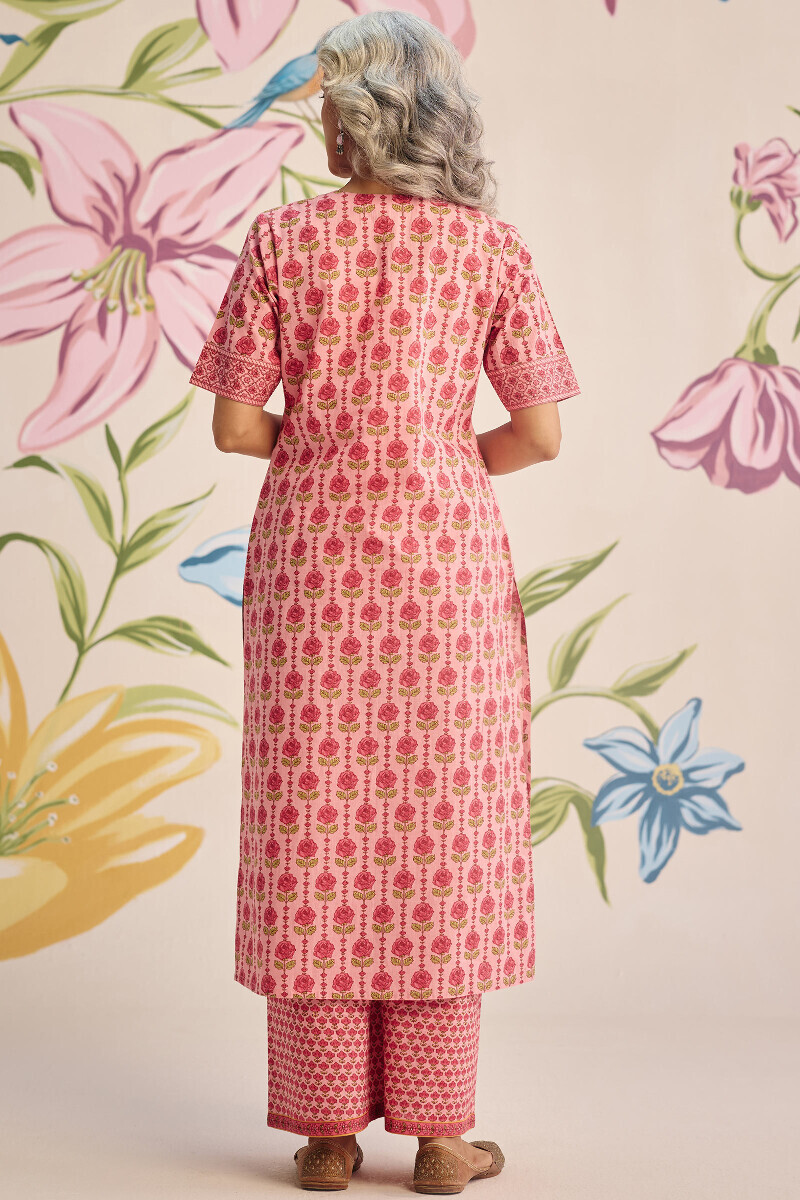 Pink Hand Printed Straight Cotton Kurta