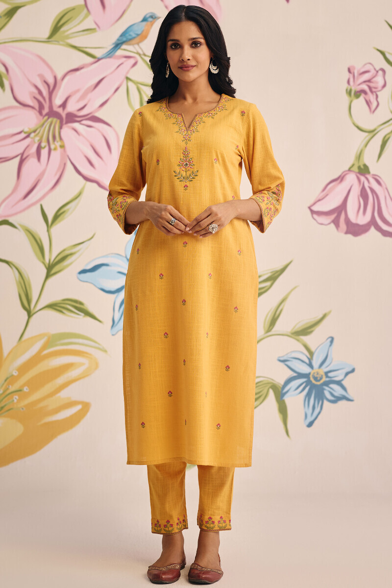 Mustard Handcrafted Straight Gauze Slub Kurta