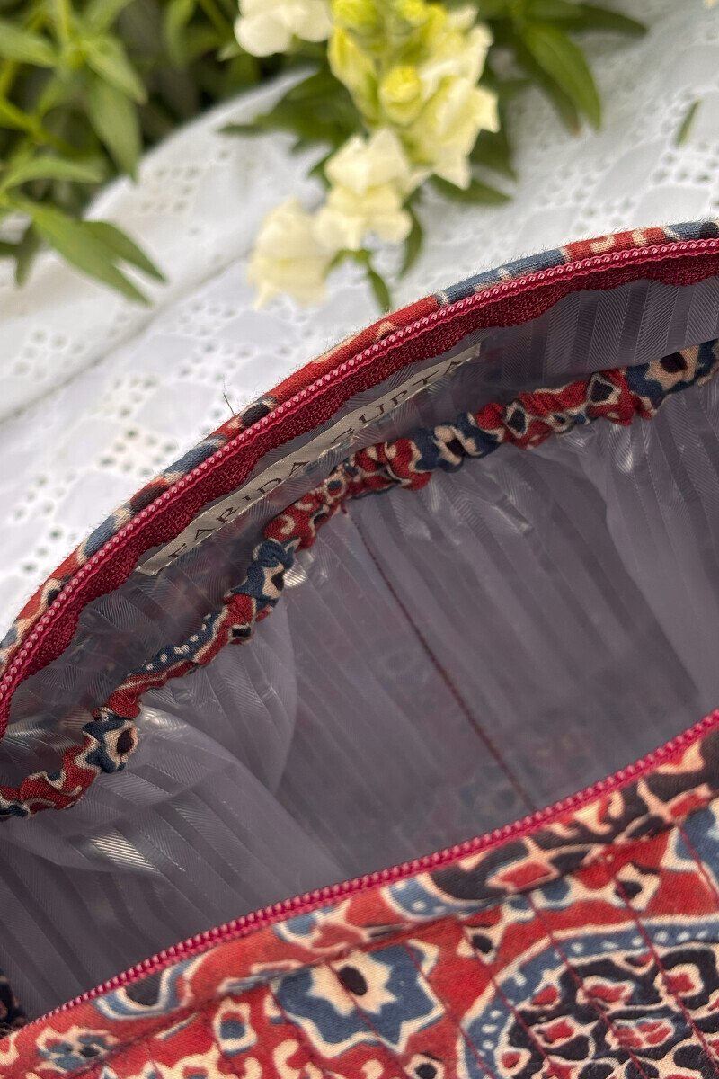 Red Hand Block Printed Cotton Toiletry Pouch