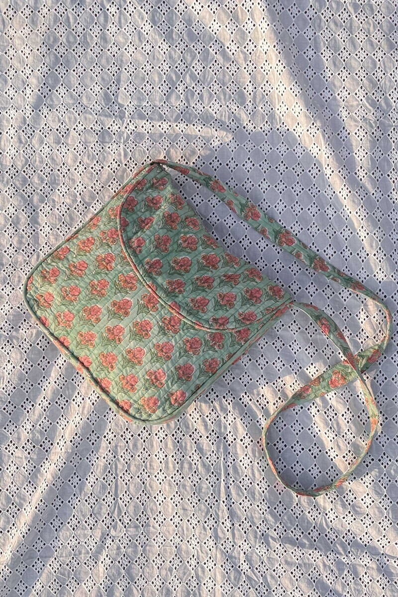Green Hand Block Printed Cotton Cross Body Bag