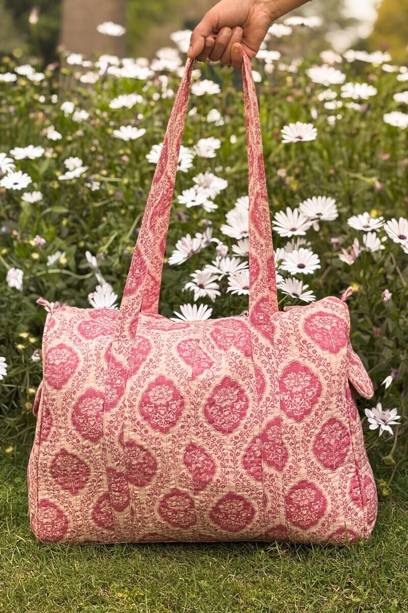 Pink Hand Printed Cotton Slub Holdall Bag